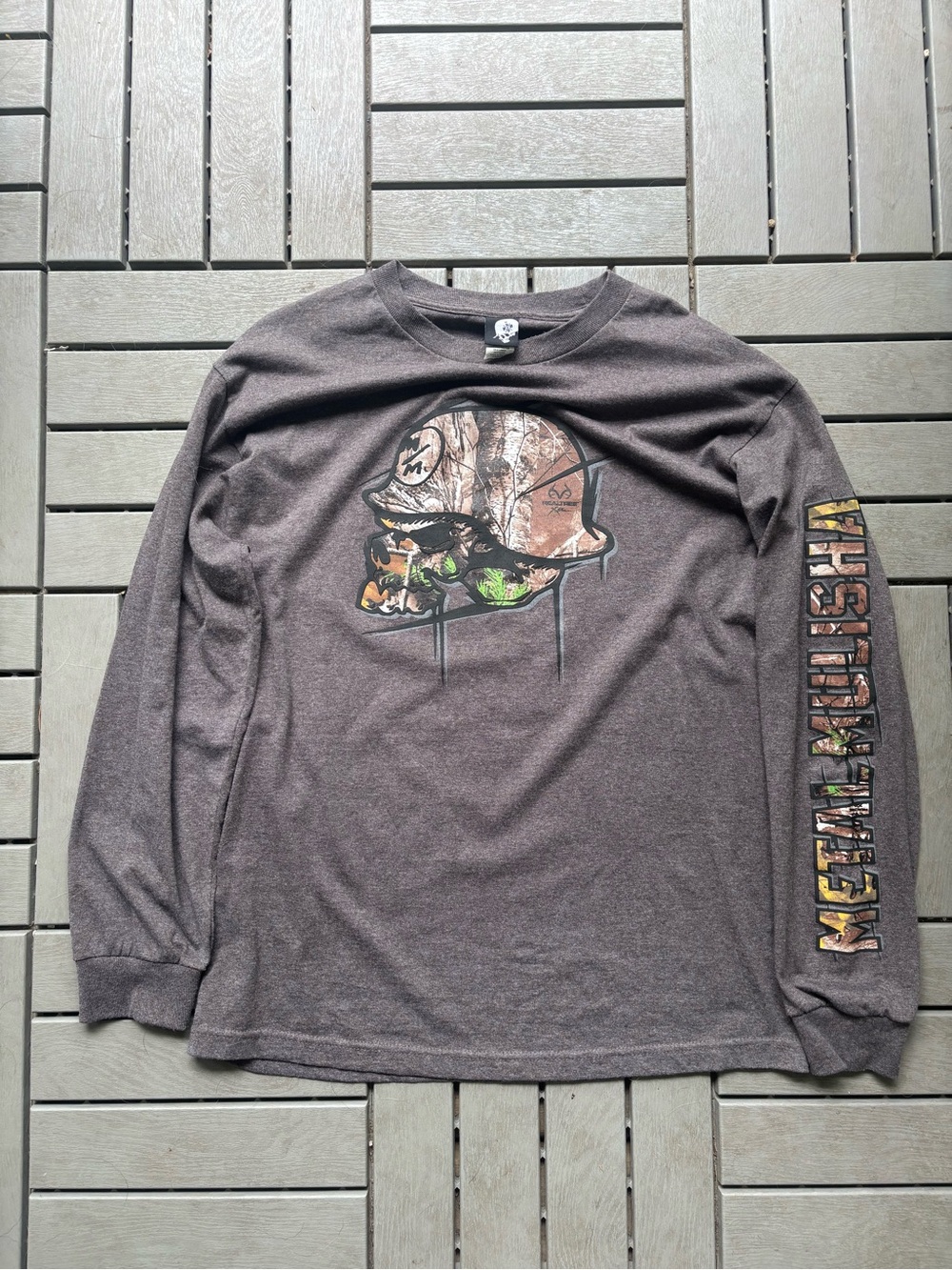 Metal Mulisha Skull Helmet Long Sleeve Tee - Charcoal with Brown and White